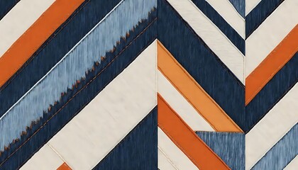 Modern Abstract Fabric Pattern with Bold Diagonal Stripes in Navy Blue, Light Blue, Orange, and Beige Tones, Creating a Dynamic Geometric Textile Design