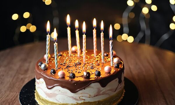 A beautifully decorated birthday cake with candles lit, set on a wooden table surrounded by soft bokeh lights