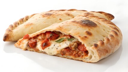 A folded calzone with visible fillings on a white background.