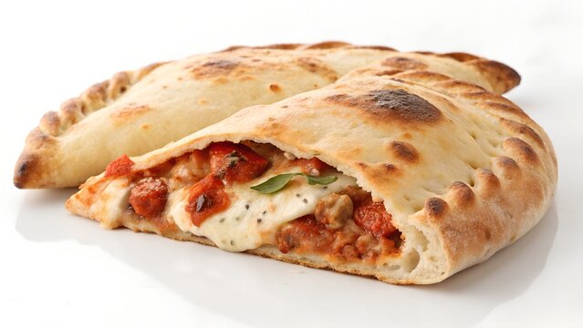 A folded calzone with visible fillings on a white background.