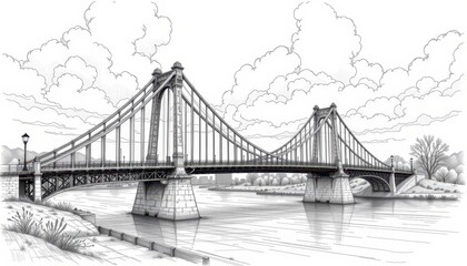 Fototapeta premium Beautiful sketch of a suspension bridge with clouds and river in a serene landscape, showcasing intricate details and lines