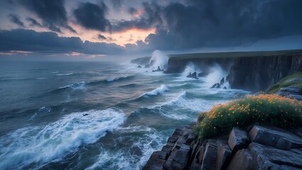 Fototapeta premium Ocean Waves Crashing on Cliffs at Sunset with Yellow Flowers
