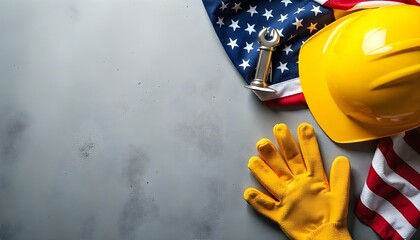 Labor Day tribute hard hat, gloves, and hammer atop an American flag, highlighting the contributions of American workers