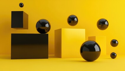 Abstract geometric shapes, black spheres on yellow platform