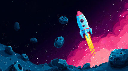 Cartoon rocket flying through asteroid field in colorful nebula galaxy