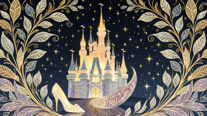Cinderella's Castle with Glass Slipper and Magical Night Sky
