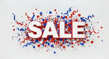 Dynamic 3D Sale Sign Surrounded by Festive Red, White and Blue Confetti