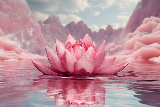 a pink flower floating in a body of water