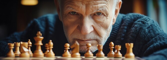 Elderly man engaged in a focused online chess match surrounded by chess pieces at home