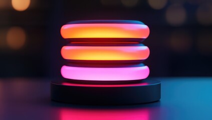 Three stacked rings, glowing vibrant colors, on a dark base