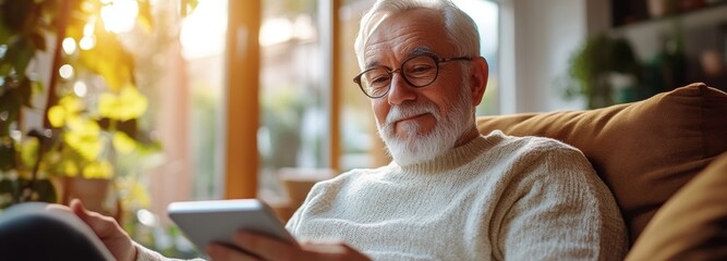 Elderly man comfortably using smart home device while relaxing at home in warm sunlight during early evening hours
