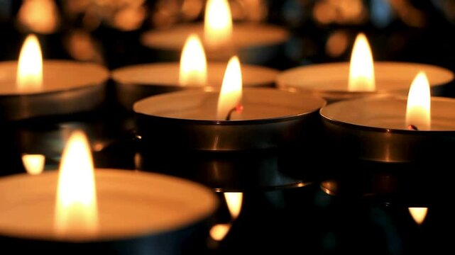 Close-up of glowing tea light candles illuminating a dark setting, creating a warm ambiance