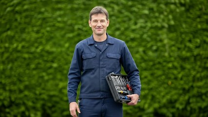 Smiling male worker with toolbox outdoors showcasing friendly professionalism