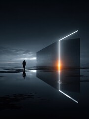 A solitary figure stands before a luminous portal