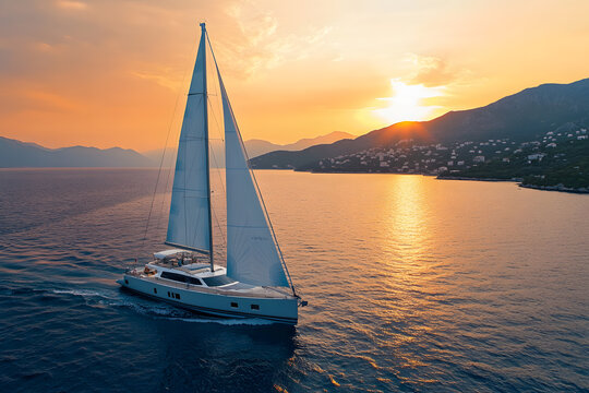 a sailboat sailing in the ocean at sunset - Powered by Adobe