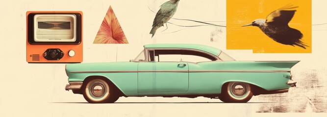 A colorful collage showcases a turquoise classic car alongside retro elements like a vintage radio and artistic graphics. This nostalgic design highlights mid-century aesthetics and charm