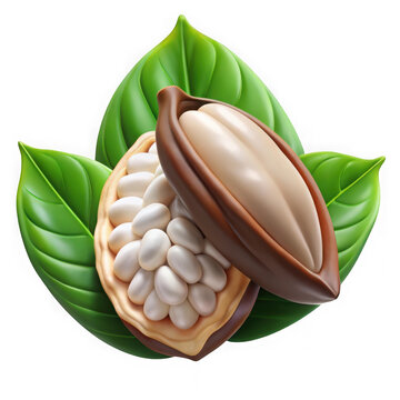 Open cacao pod with beans and leaves isolated on transparent background