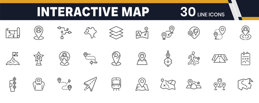  Interactive Map and GPS Location UI Icons Set for Navigation, Routes and Geo Applications