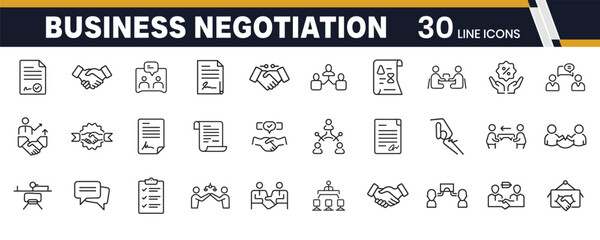 Business Negotiation and Deal Icons Set for Agreements, Contracts, and Partnership Discussions