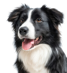 Fototapeta premium A close-up portrait of a happy border collie with a shiny black and white coat. showcasing its playful expression against a clean white background. ideal for pet-related content