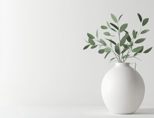 Minimalist white vase with sprigs of greenery against a clean white backdrop