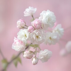 Delicate cluster of pastel pink and white blossoms against a soft pink background