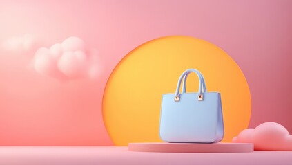 Light-blue tote bag on a pastel pink platform, with soft clouds and a sunburst