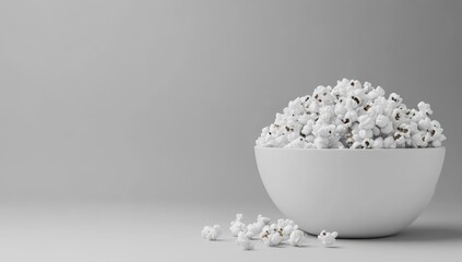 White bowl of popcorn on gray background