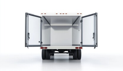 Rear view of a white delivery truck with open cargo doors.  Empty truck box