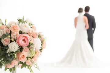 Wedding Bouquet and Couple: A bride and groom stand embracing, facing away, while a delicate flower bouquet, captures the essence of romance and new beginnings.