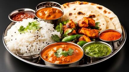 Indian Cuisine Delight: A vibrant and delicious Indian meal presented on a metal platter, a feast for the senses, showcasing a variety of flavorful dishes and aromatic spices.