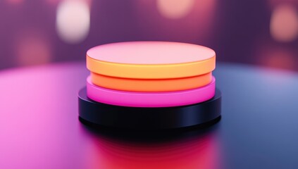 Multi-colored, layered circular podium on a reflective surface