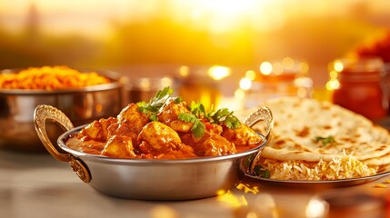 Indian Culinary Delight: Savor the rich and diverse flavors of Indian cuisine, a visual feast of tantalizing dishes. The image beautifully showcases a selection of vibrant, aromatic dishes.