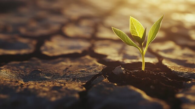 Single green sprout grows through the cracked earth of an arid landscape symbolizing hope and resilience in the face of environmental challenges The sunlight highlights its delicate leaves
