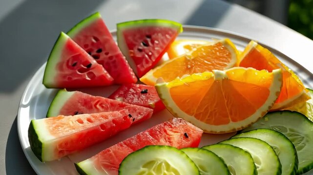 Fresh Watermelon Orange and Cucumber Slices on Plate Dolly Shot