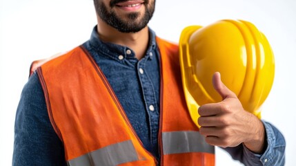 Construction worker, smiling and ready for work: A construction worker in an orange safety vest and a yellow hardhat gives a thumbs up.