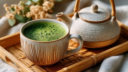 Serene Matcha Moment: A tranquil arrangement features a textured ceramic cup brimming with vibrant green matcha, accompanied by a delicate teapot on a natural wood tray.