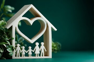 Home and Heart: A symbolic wooden house with a heart cutout, representing family, love, and the warmth of a home. Set against a backdrop of lush greenery, it evokes feelings of security, togetherness.