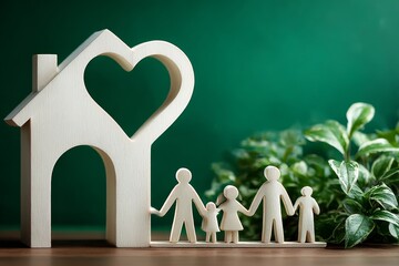 Family Home: A heartwarming scene captures a house-shaped symbol with a heart-shaped cutout, complemented by figurines representing a family, set against a lush backdrop of greenery