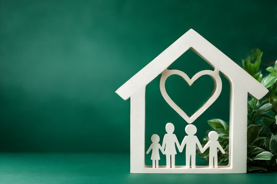 Home is where the heart is: A heartwarming composition featuring a symbolic family of four within a charming house frame, highlighted with a gentle, love-filled heart.