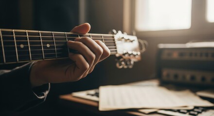 A hand frets an acoustic guitar, poised for music, with sheet music and audio equipment in a cozy, softly lit room.
