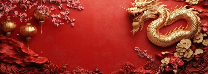 Fototapeta premium Vibrant red and gold Chinese New Year banner showcasing traditional elements and festive decorations