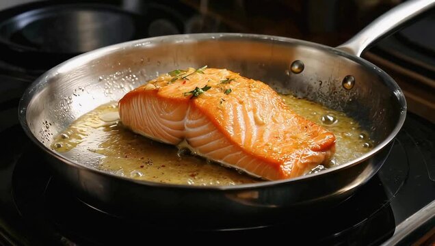 A succulent salmon fillet sizzles intensely in a stainless steel skillet, its golden-brown edges crisped to perfection as garlic butter bubbles around it