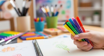 A hand holds colorful marker pens over a sketchbook, surrounded by art supplies, capturing the essence of childhood creativity.