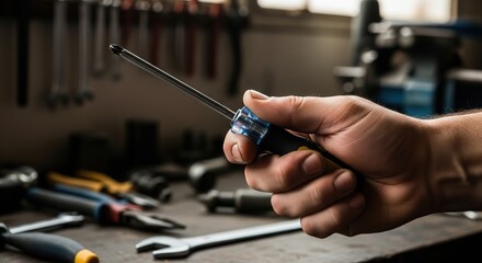 A hand holds a screwdriver in a workshop, with blurred tools and equipment, ideal for DIY, repair, and craftsmanship.