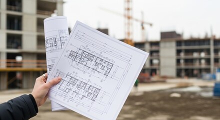 Naklejka premium A hand holds architectural blueprints at a construction site, with buildings and cranes in the background, symbolizing real estate and urban development.