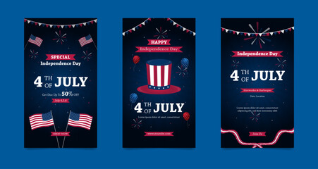 Flat instagram stories collection for American 4th of july holiday celebration