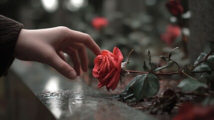 Gentle Hand Placing Rose on Grave A Symbol of Remembrance