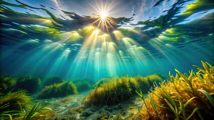 Fototapeta premium Sunbeams Illuminate Underwater Seagrass Meadow, A Vibrant Ecosystem Thriving in Shallow Coastal Waters