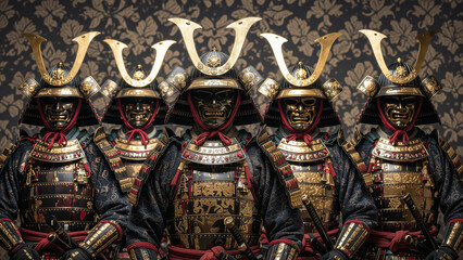 Fototapeta premium Group of Traditional Japanese Samurai Warriors in Ornate Armor 